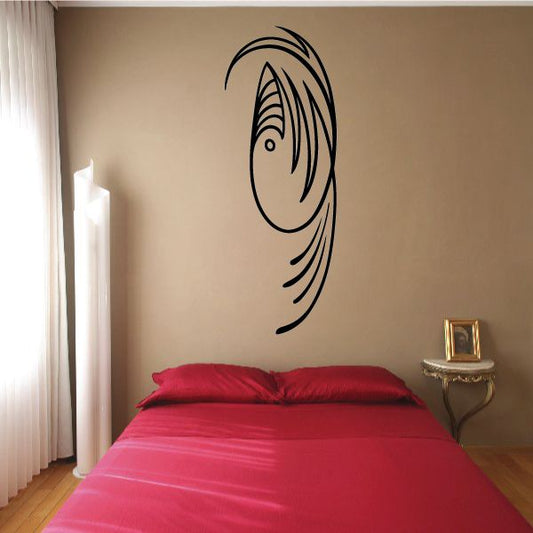 Black pinstripe vinyl decal with stylized fish-like outline and curved stripes