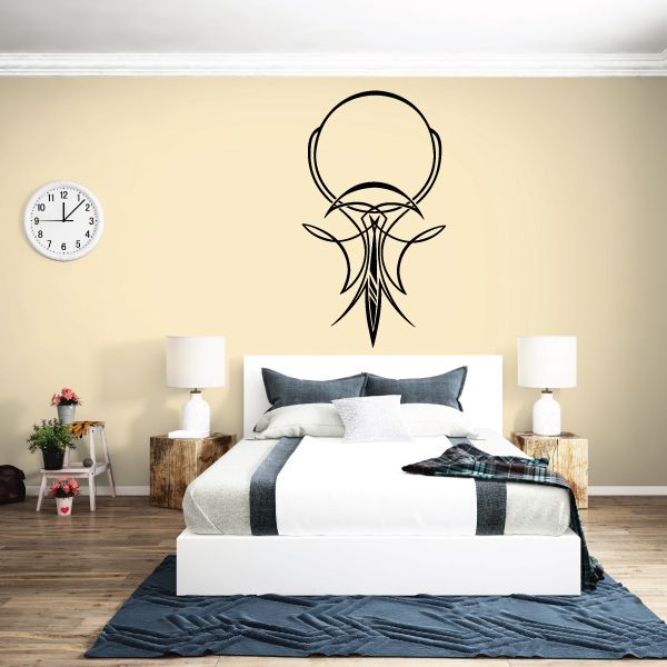 Black tribal pinstripe vinyl wall decal with circular emblem centerpiece