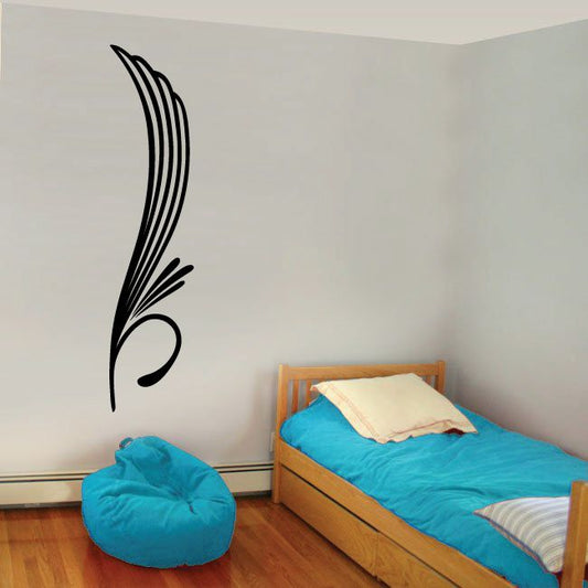 Black pinstripe scroll vinyl decal for vehicle or wall, sweeping feather-like design