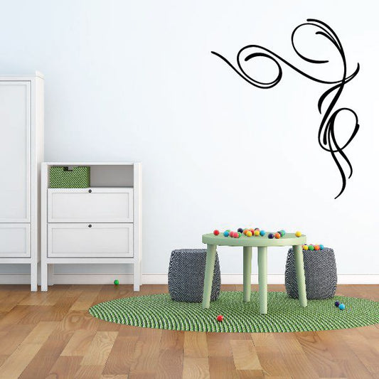 Pinstripe vinyl wall decal with flowing black swirl motif