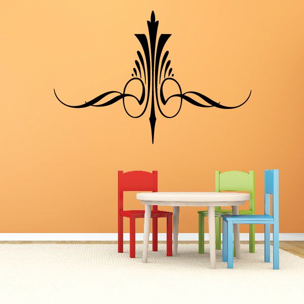 Black ornamental pinstripe vinyl decal with central spear and swirling lines