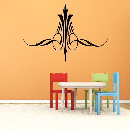 Black ornamental pinstripe vinyl decal with central spear and swirling lines