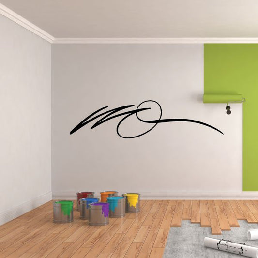 Vehicle pinstripe vinyl decal, black swirl script with two-line swoosh on wall