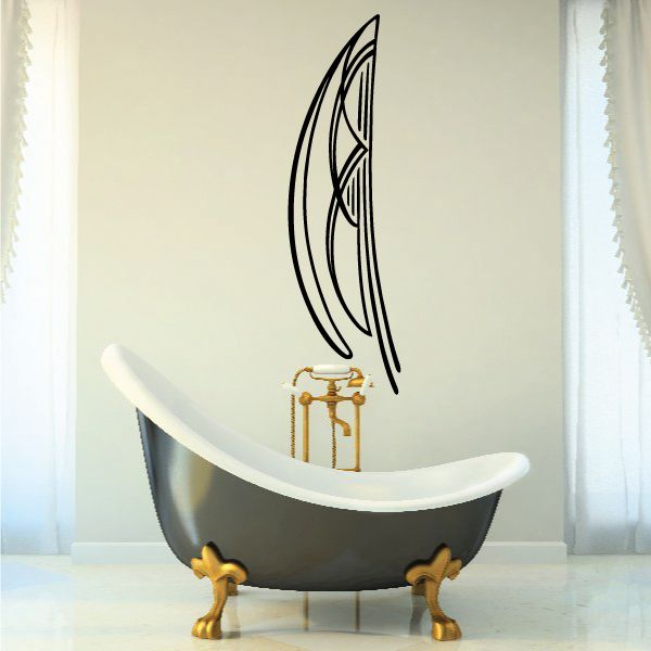 Vinyl pinstripe wall decal with black sail graphic and small gold faucet design