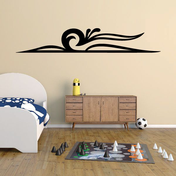 Black pinstripe vehicle vinyl decal with swooping tribal-style swirl design
