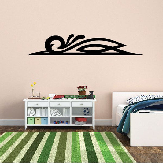 Black pinstripe vehicle vinyl decal graphic with curved stripe lines on wall