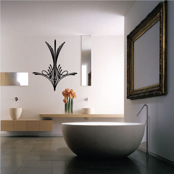 Black pinstripe wall decal with ornate feathered flourish at center