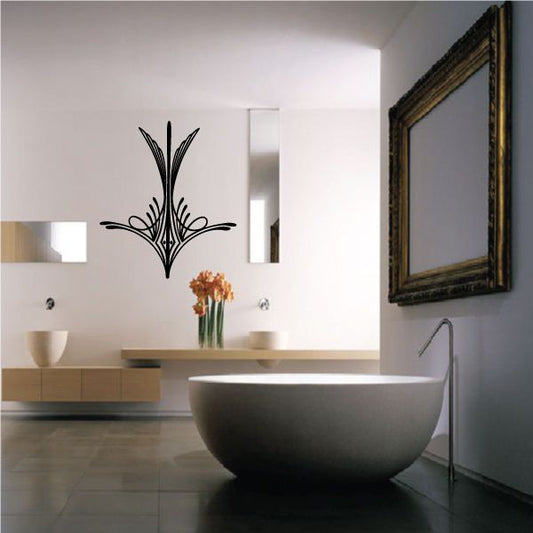 Black pinstripe wall decal with ornate feathered flourish at center