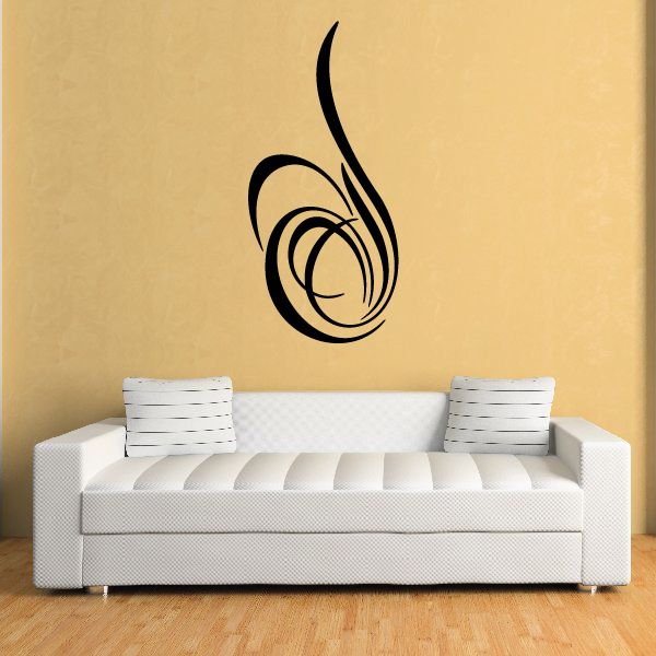 Black swirl pinstripe vinyl decal, flame-like scroll design on wall
