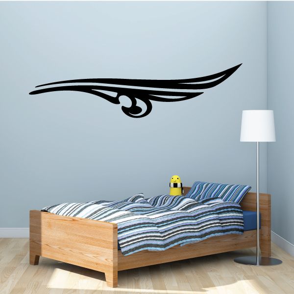 Vehicle pinstripe vinyl decal, black winged emblem with three swirl center