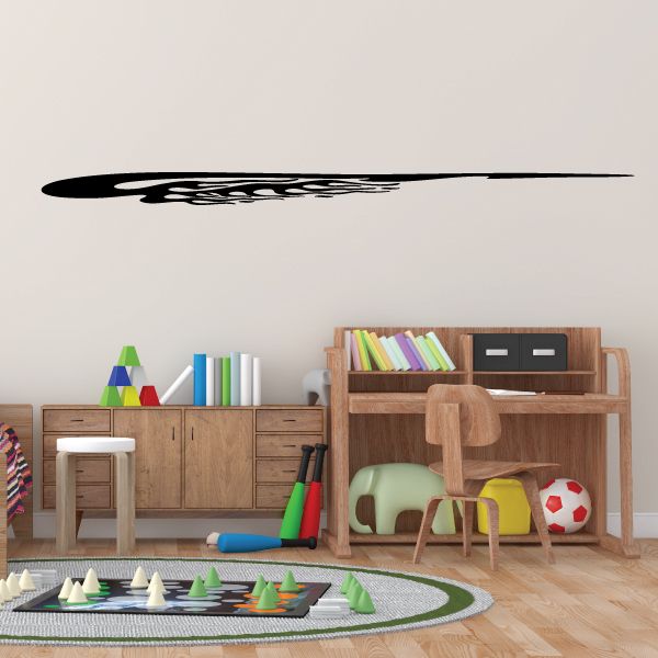Black pinstripe vinyl decal with centered white graphic and long sweeping line