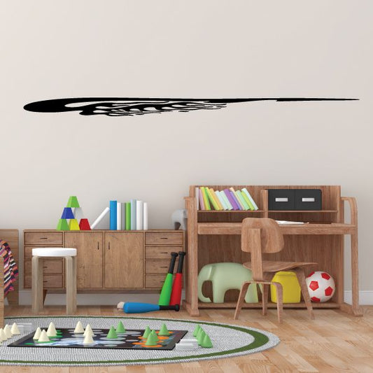 Black pinstripe vinyl decal with centered white graphic and long sweeping line