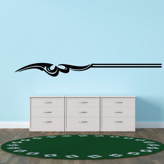 Black pinstripe vinyl decal with ornate swoosh and long horizontal stripe