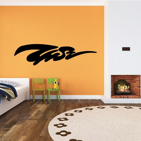 Black pinstripe vinyl decal with stylized script on wall