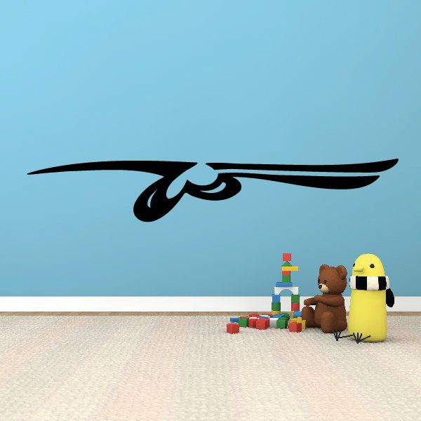 Black winged pinstripe vinyl decal with central swirl and eye motif.