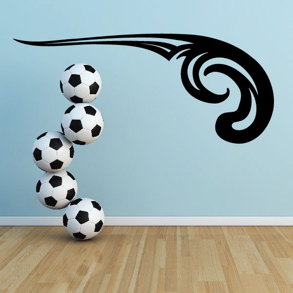 Vinyl pinstripe decal with black swirl and five soccer ball icons