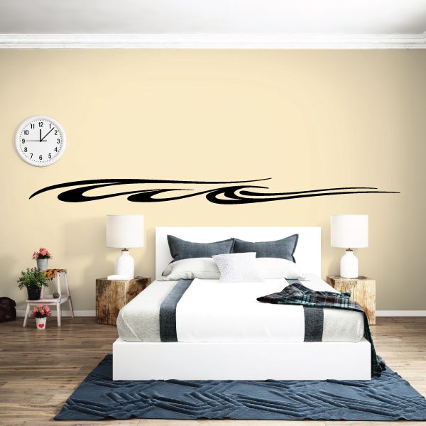 Black vehicle pinstripe vinyl decal with swooping flame swirl lines