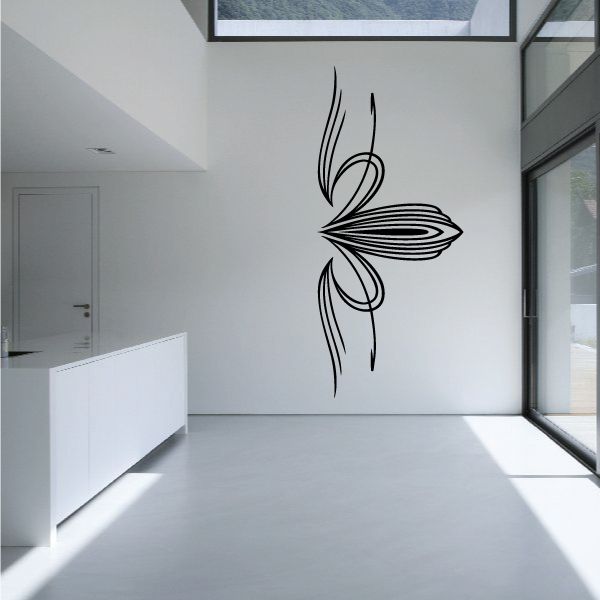 Black pinstripe vinyl decal with stylized winged flourish for vehicles or walls