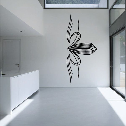 Black pinstripe vinyl decal with stylized winged flourish for vehicles or walls