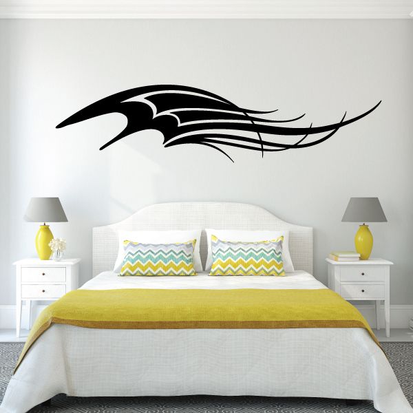 Black pinstripe vehicle decal with sweeping wing graphic on wall