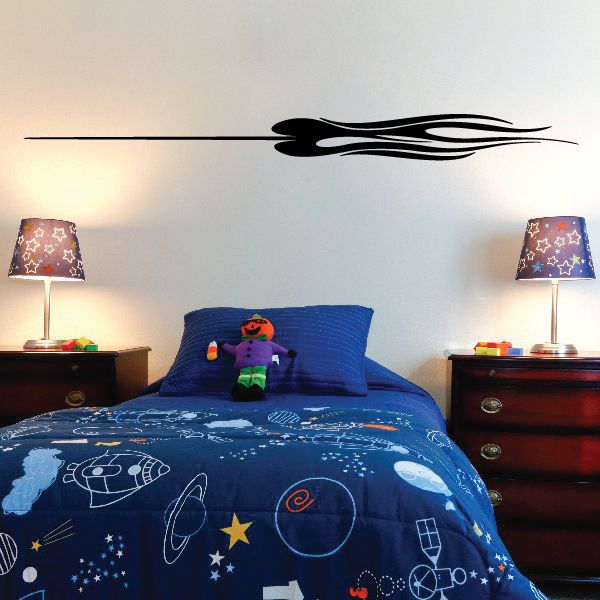Black pinstripe vinyl wall decal with stylized flame and swirl lines
