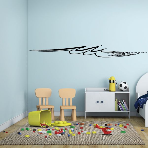 Vehicle pinstripe vinyl decal with black cursive stripe across a wall
