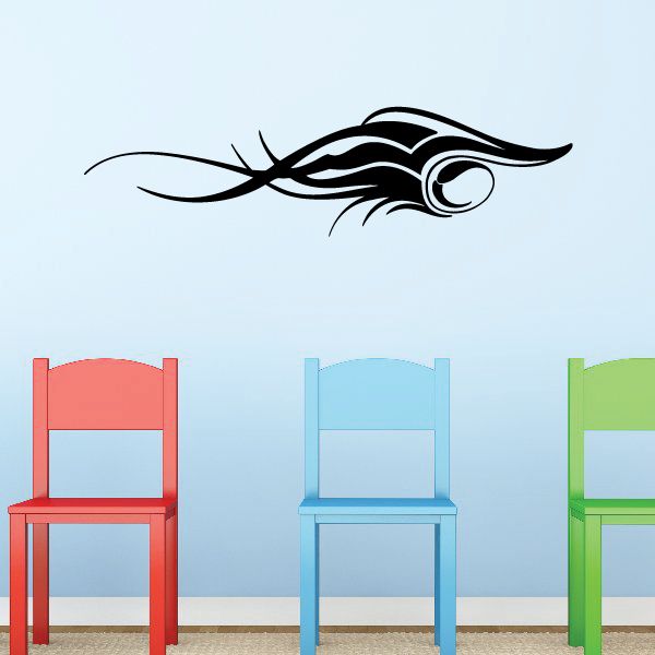 Vehicle pinstripe vinyl decal with black stylized eye and flame swirls