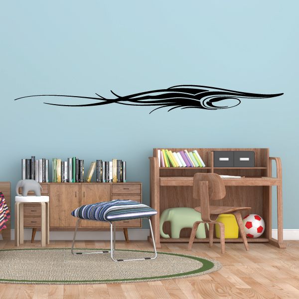 Vehicle pinstripe vinyl decal, black swoosh with circular emblem and racing stripes