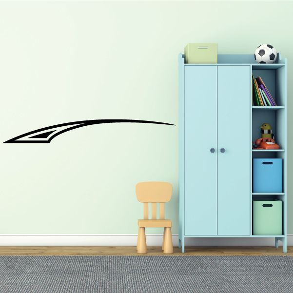 Vehicle pinstripe vinyl decal, black racing stripe with swoosh curve on wall.