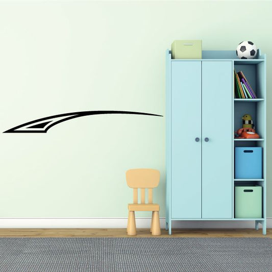 Vehicle pinstripe vinyl decal, black racing stripe with swoosh curve on wall.