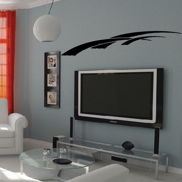 Vehicle pinstripe vinyl decal with black swoosh on wall