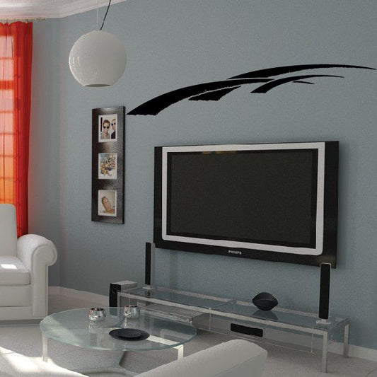 Vehicle pinstripe vinyl decal with black swoosh on wall