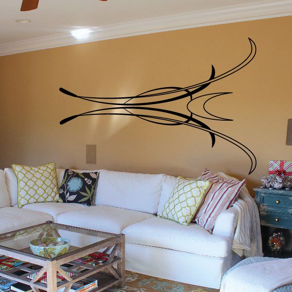 Black pinstripe vinyl wall decal with swooping abstract line design