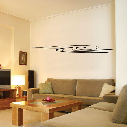 Vehicle pinstripe vinyl decal with black curved swoosh and oval detail