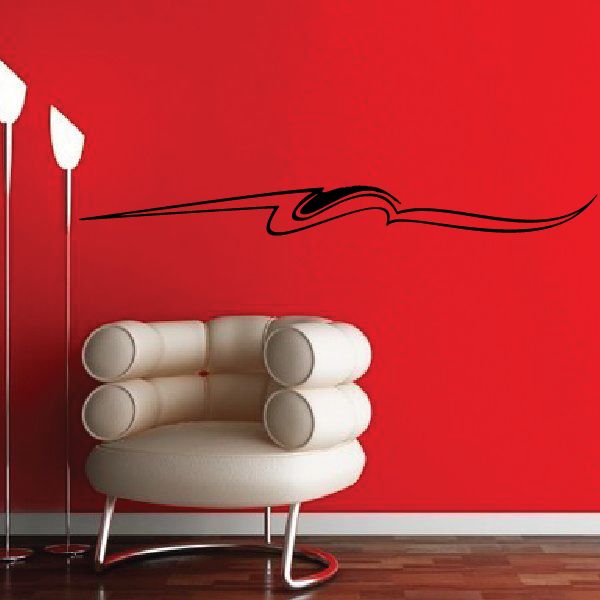 Pinstripe vinyl decal with curved flame graphic, black line art on red background
