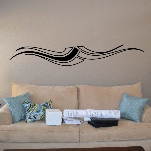 Vehicle pinstripe vinyl wall decal with black curved racing stripes, decorative swoosh