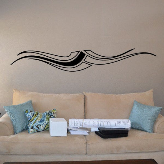 Vehicle pinstripe vinyl wall decal with black curved racing stripes, decorative swoosh