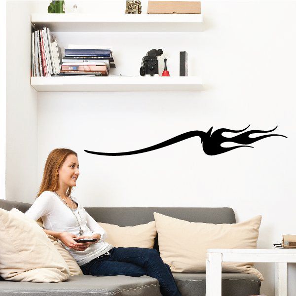 Flame pinstripe vinyl decal, black swoosh with flame tips for wall or vehicle