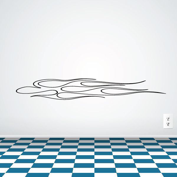 Vehicle pinstripe vinyl decal with black swooping stripe and flame lines