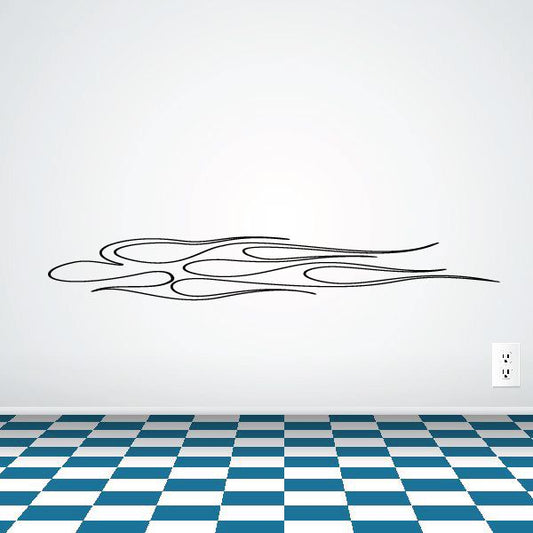 Vehicle pinstripe vinyl decal with black swooping stripe and flame lines