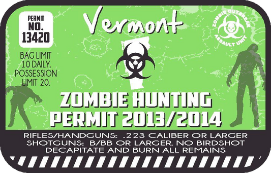 Green zombie hunting permit sticker with biohazard symbol and Vermont text