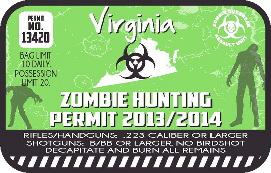 Green zombie hunting permit sticker with Virginia text, permit No. 13420, biohazard icon