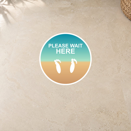 Round non-slip flooring sticker, 12 in, 'Please Wait Here' with beach feet icon