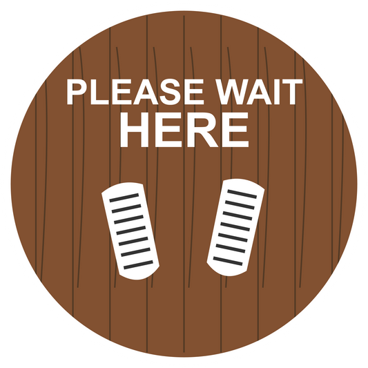 Round non-slip flooring sticker with "PLEASE WAIT HERE" and white footprints