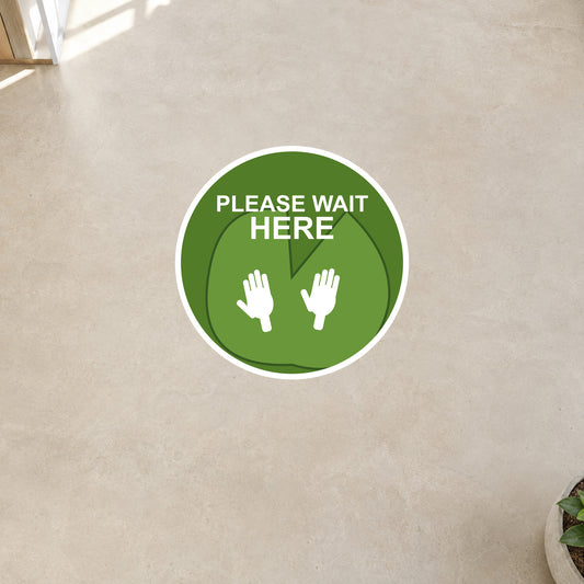 Round green non-slip floor sticker: Please wait here with hand icons
