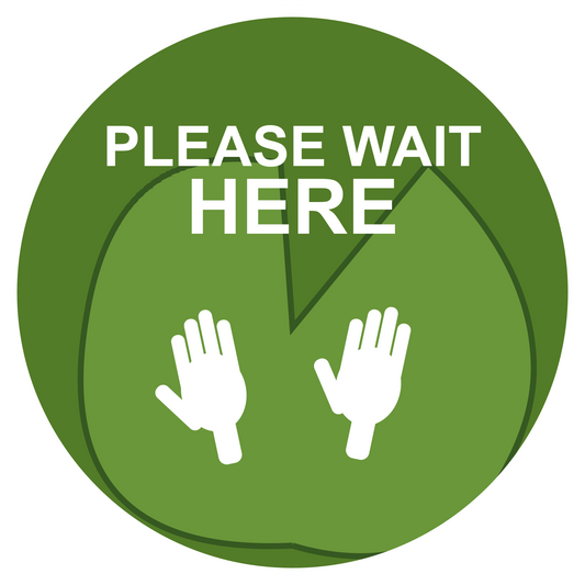 Green non-slip floor sticker: PLEASE WAIT HERE with hand icons