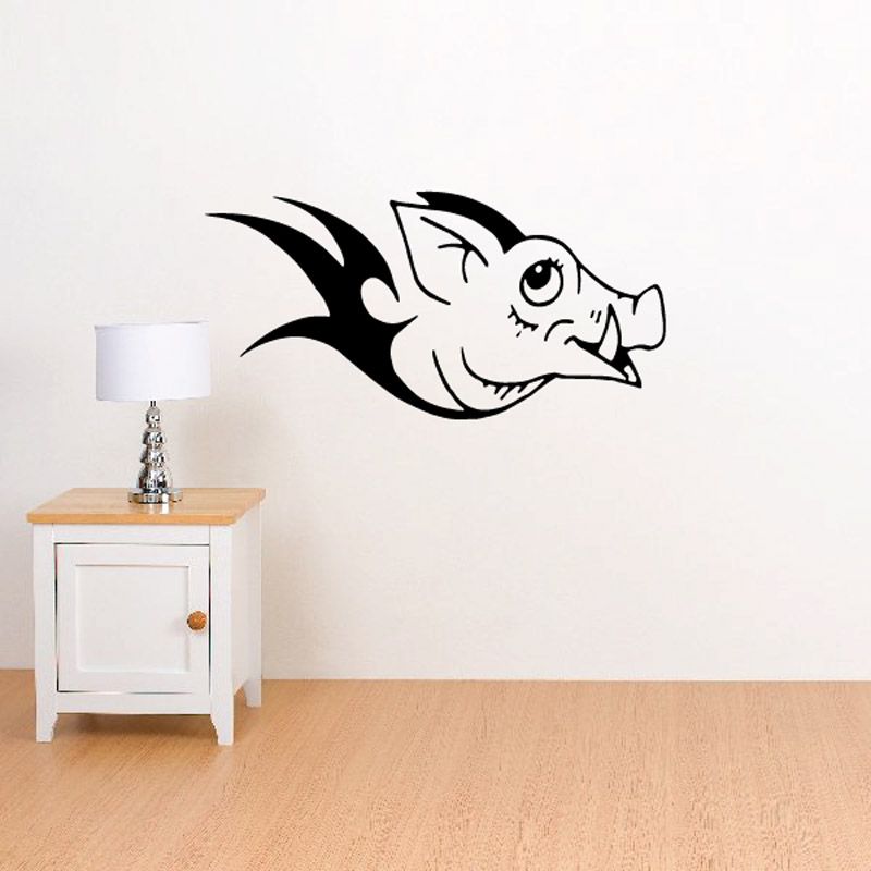 Warthog with bat wings wall decal, black and white cartoon hog head.