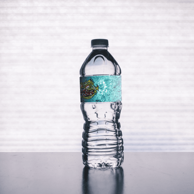 Clear water bottle featuring a custom label design