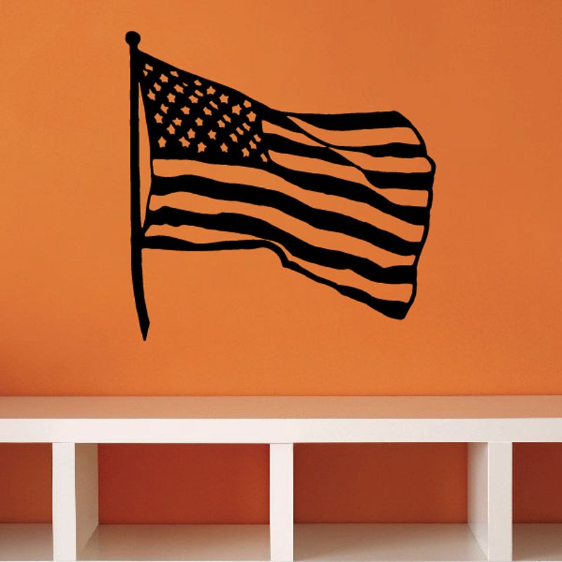 Waving America flag decal with stars and stripes on a waving flag.