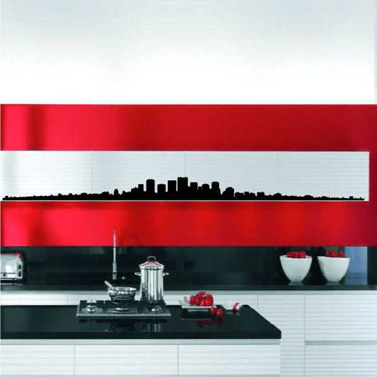 Wide skyline wall decal with black city silhouette and red horizontal stripes